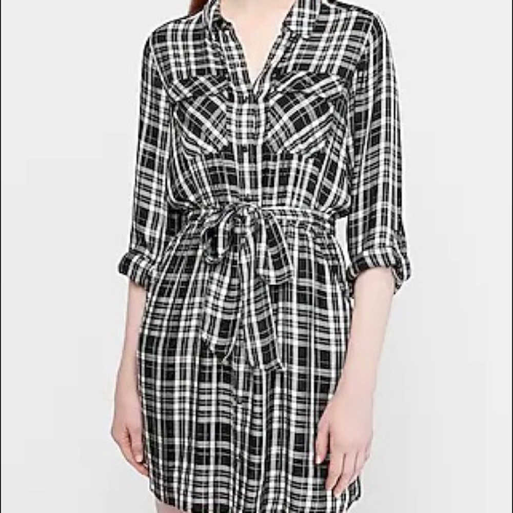 [PRICE FIRM/NO OFFERS]: Like New B&W Plaid Button-Down Shirt Dress, Med